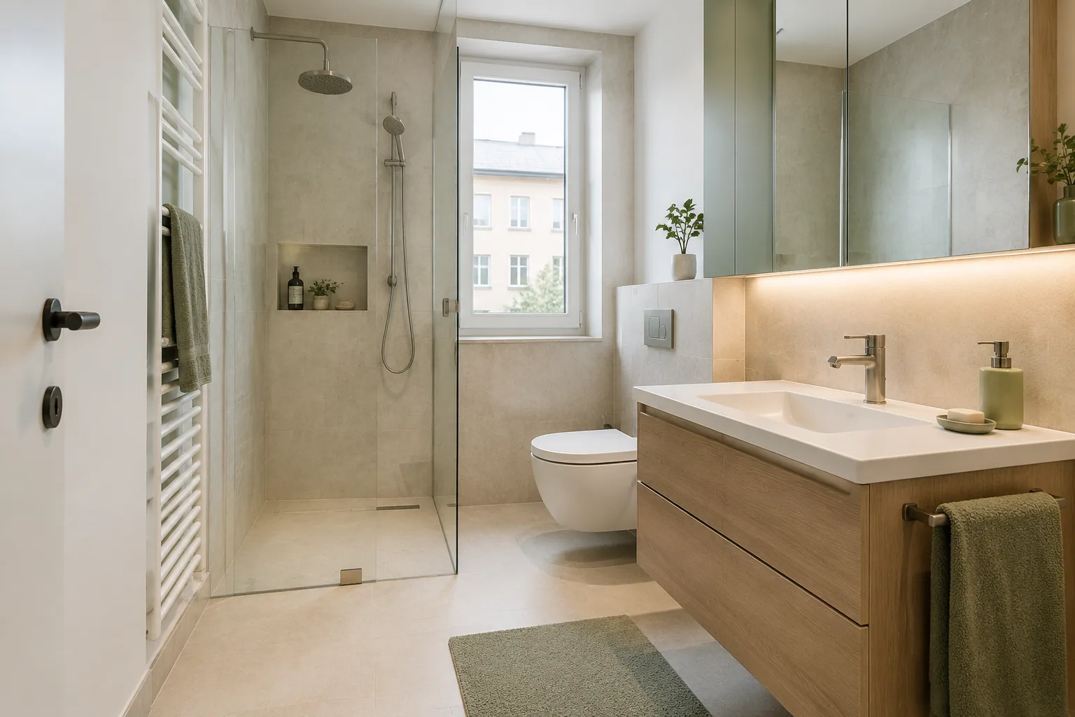 Renoviertes Badezimmer mit Naturstein und neuer Dusche – Inspiration für Badrenovation in Arbon