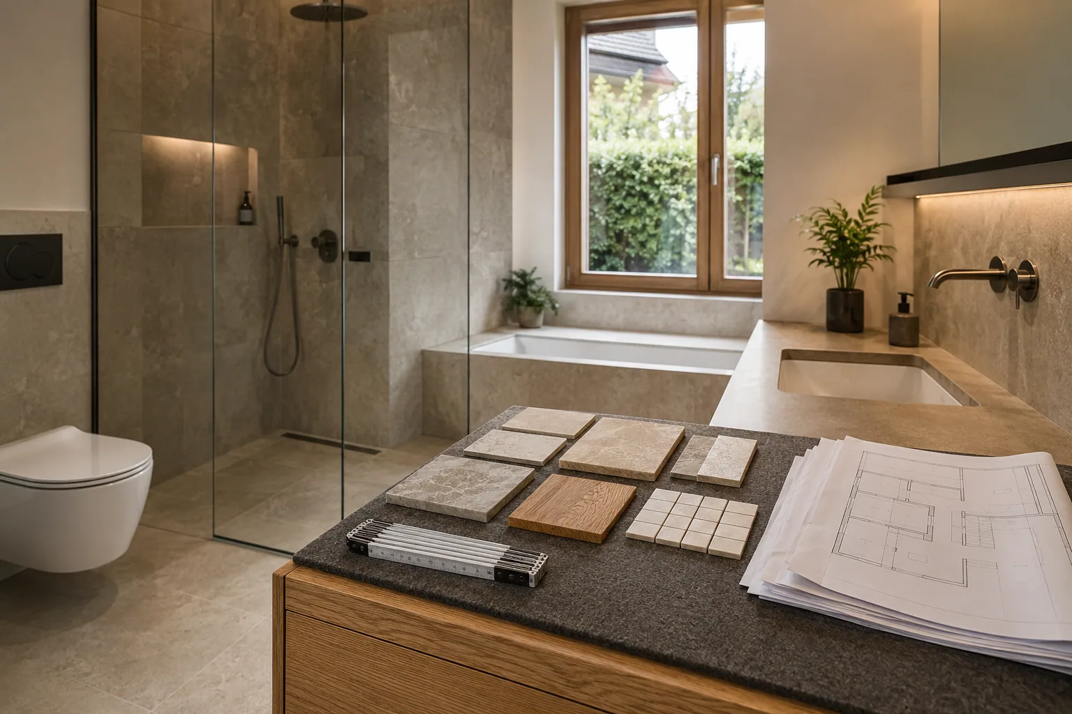 Professionelle Badplanung mit Materialmustern und Ausführungsplan – Inspiration für Umbaufirma in Arbon